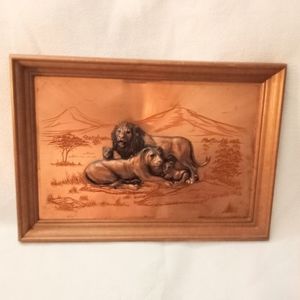 Mid Century Modern Copper Wood Look African Lion Lioness Cubs Family 3D Picture